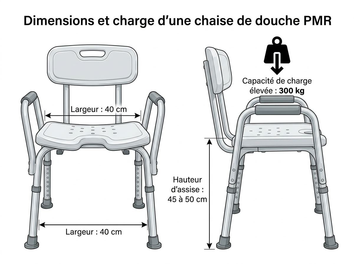 Dimensions et charge d'une chaise de douche PMR. Dimensions et charge d'une chaise de douche PMR.
