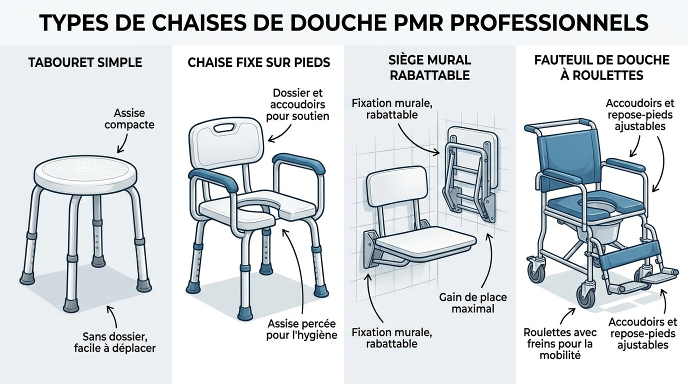 Types de chaises de douche PMR professionnels. Types de chaises de douche PMR professionnels.