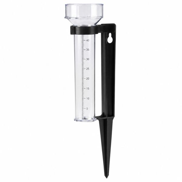 Pluviomètre transparent sur piquet noir Pluviomètre transparent sur piquet noir