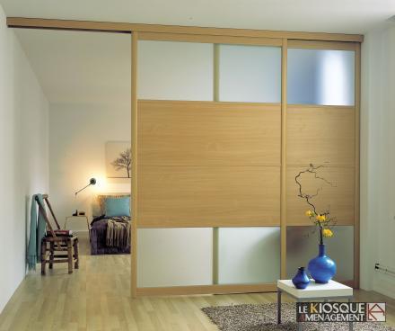 Cloison coulissante mixte verre et bois