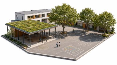 Préau végétalisé ou arbres : quel choix pour ombrager une cour d’école ?