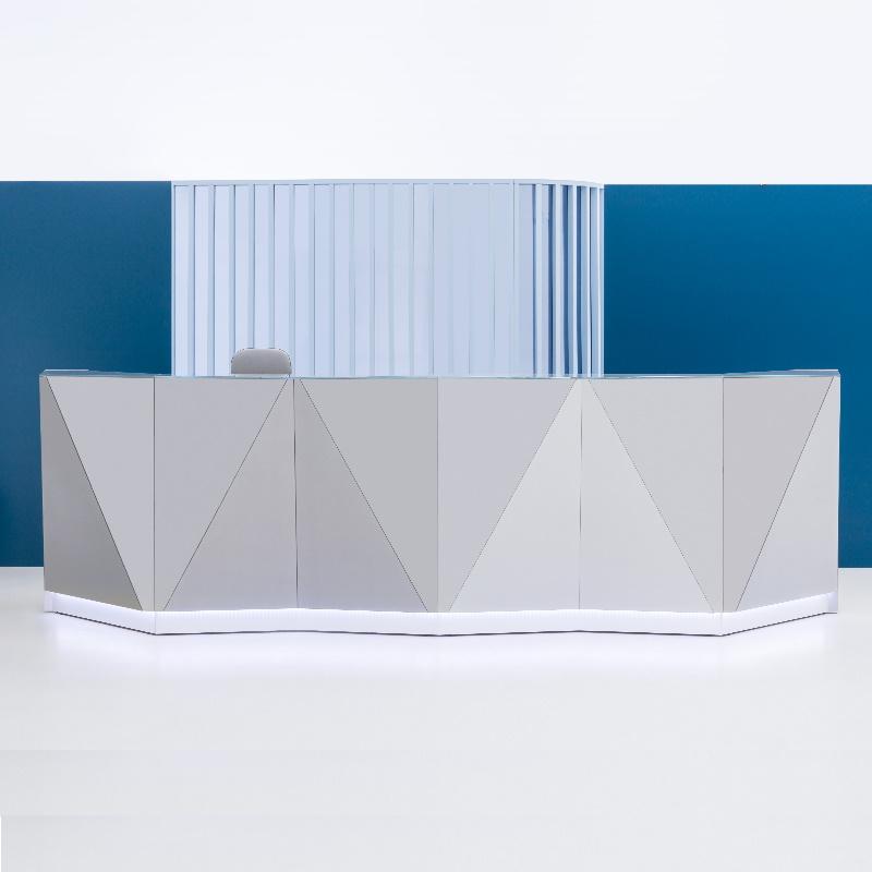 Banque d'accueil design LYS - Comptoir haut avec façade verre brillant et éclairage LED - 361 cm ou 481 cm