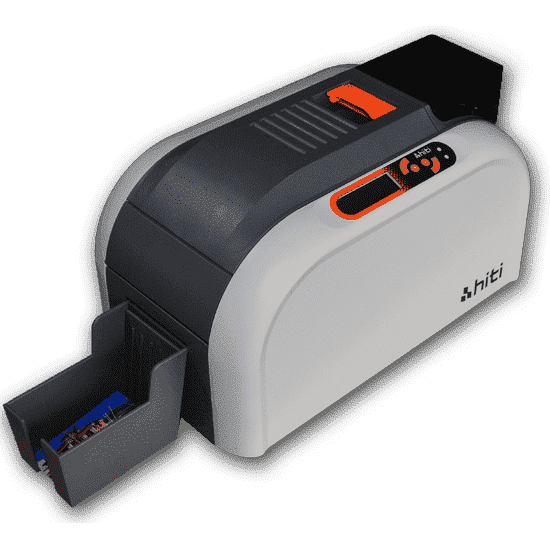 Imprimante HiTi CS200e - impression couleur et noir sur cartes PVC, vitesse élevée, chargeur de 100 cartes