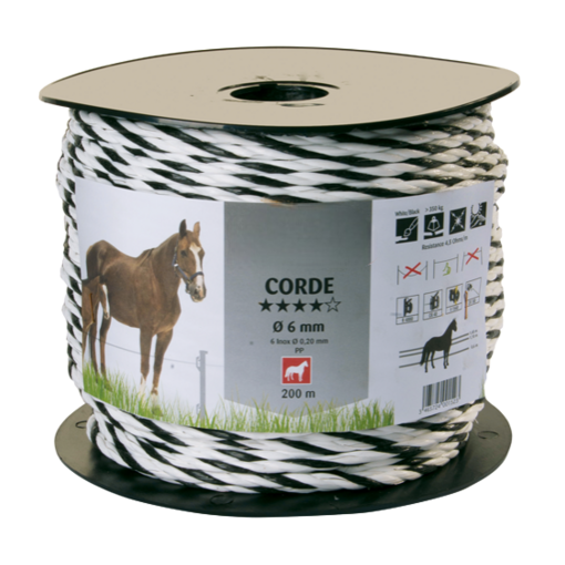Corde de clôture électrique de 6 mm en 200 m - 6 conducteurs inox, noir et blanc