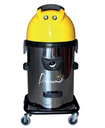 Aspirateur professionnel boulangerie - cuve INOX, socle tubulaire débordant en acier sur roulettes