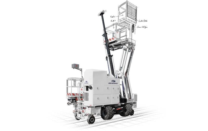 Véhicule automoteur de maintenance caténaire OPTIMA 300 - 12,6 m hauteur élévatteur télescopique, 265 kg charge max, 1435 mm écartement de voie