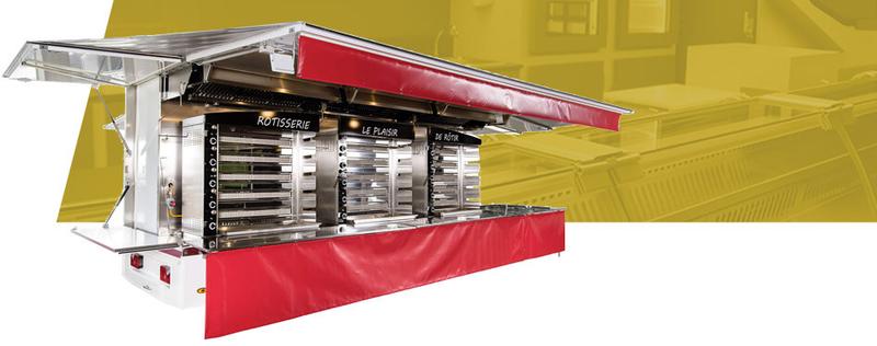 Remorque rôtisserie MAESTRO - équipée de hotte, inox, cuve GPL et chambre froide