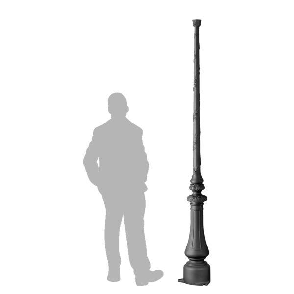 Candélabre résidence en fonte d’acier - 2,60 m de hauteur, 3 tiges de scellement ø 18×370 à 120°, entraxe sur ø 320 mm