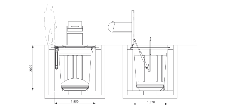 Conteneur enterré hydraulique Clip - compatibilité charge pluma, 2 à 5 m³, acier galvanisé, polyéthylène rotomoulé