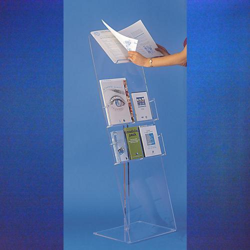 Borne de consultation en plexiglas - 2 bacs de distribution, plateau A3, hauteur 130 cm - Réf. PZI