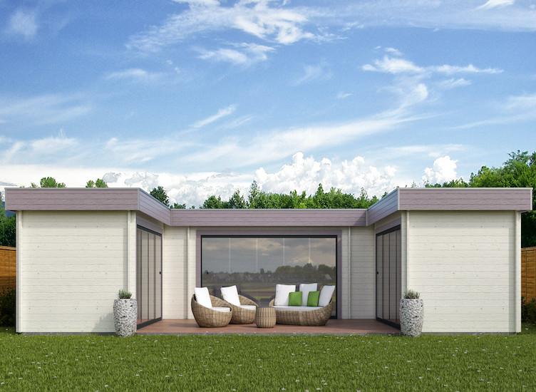Bureau de jardin design en U - 48 m² - madriers 45 ou 56 mm - baies vitrées coulissantes