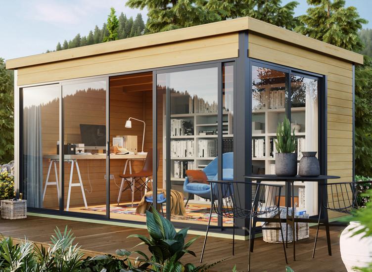 Bureau de jardin design - 13 m², épicéa, madriers 44 mm, baies coulissantes aluminium double vitrage