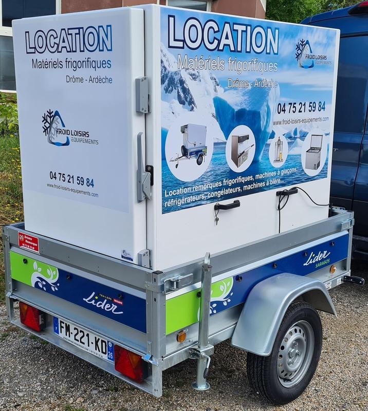 Location remorque frigorifique 2 m³ - 0 à +8°C, 2 étagères, 870 mm x 1530 mm x 1360 mm Drôme 26 Ardeche 07