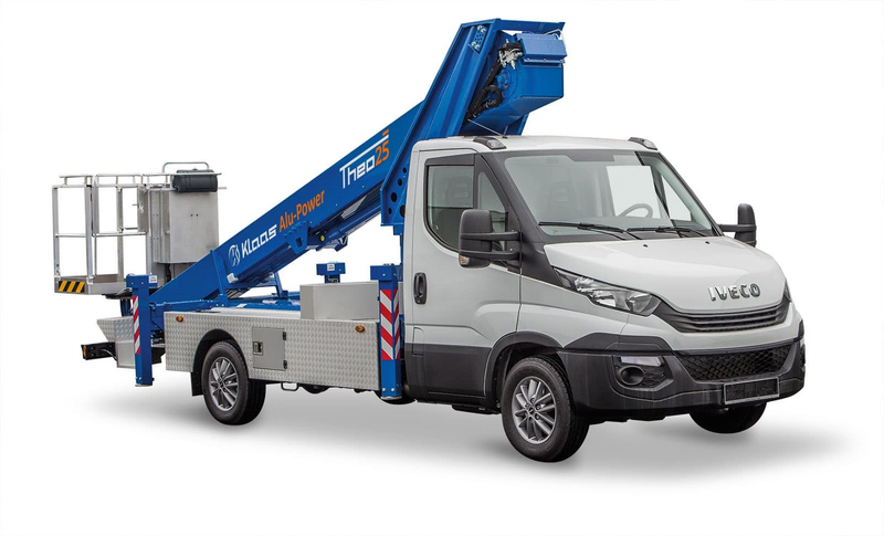 Nacelle télescopique 25 mètres sur camion Klaas THEO25 - hauteur de travail 25 m, déport max 19 m, charge utile 250 kg