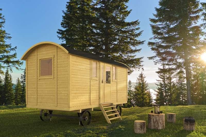 Roulotte en bois Filomène 240x480cm porte latérale - 5 fenêtres en verre, toit en bitume, livrée en kit