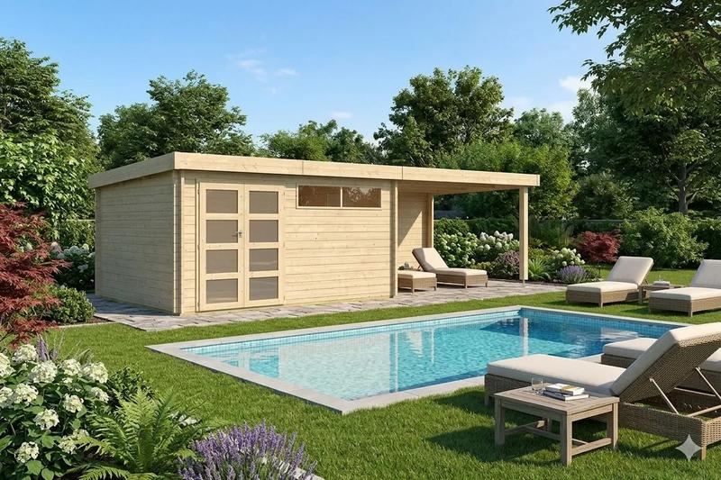 Pool House 30m² - 815x385cm - 44mm - Bac acier laqué - Toit plat