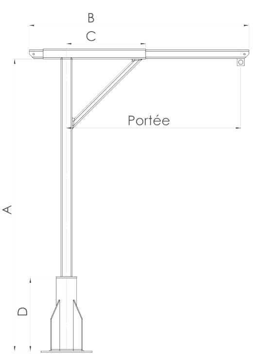 Potence PTG 90 - CMU maxi 120 kg, porté maxi 1,1 m, hauteur 2 m et 2,5 m
