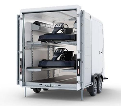 Étagères pour transport de Karting - BJT Box Van - Rangement pour 2 Karts avec supports de roue de secours