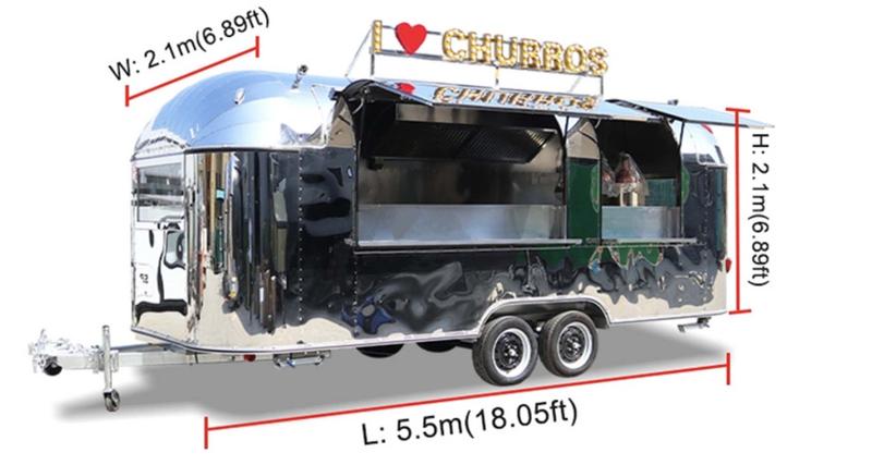 Remorque snack 5m50 - Look Airstream vintage moderne - Dimensions 5,5 x 2,1 m - Couleur Blanc/Noir/Rouge