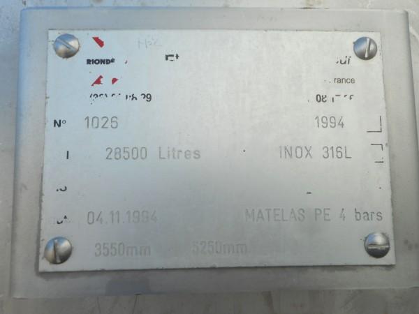 Silo en AInox 28500 L d'occasion - Cuve/Réservoir en inox 316, diam. 3550 mm, ht. 5550 mm