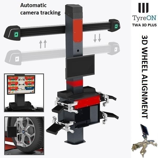 TWA 3D PLUS banc de géométrie 3D - appareil parallélisme - Caméras à mouvement automatique - Base de données de plus de 60 000 véhicules - Caméras HD 6 millions de pixels - Etriers auto-centreurs 10 à 26 pouces - Cibles légères antichocs - Hauteur de la colonne 2918 mm - Moniteur couleur 32 pouces - Logiciel Windows - Fixé au sol ou mobile avec kit mobilité optionnel