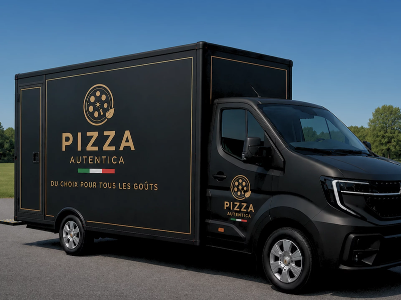 Camion food truck pizza avec four à gaz et table préparation inox