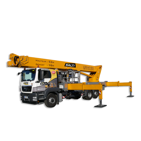 Nacelle sur PL avec opérateur 53 m - hauteur de travail 53 m, déport maxi 38,3 m, gasoil routier