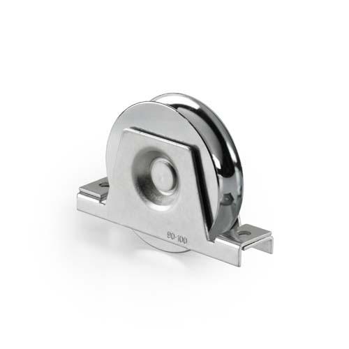 Roulette en acier galvanisé sur support pour portail coulissant - gorge en V 92°, diamètre 120 mm, 500 kg - Réf. 110.120