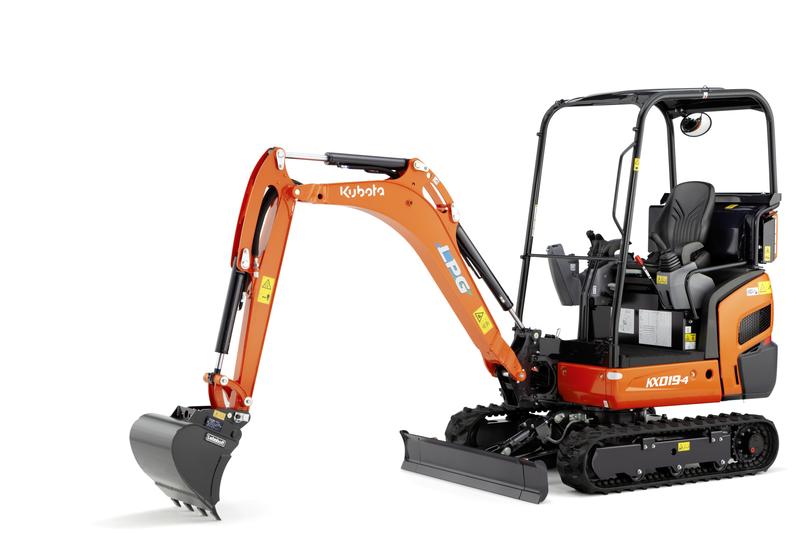Mini pelle KX019-4 LPG - Moteur GPL Kubota 14.5 cv - Poids 1775 kg - Profondeur fouille 2580 mm