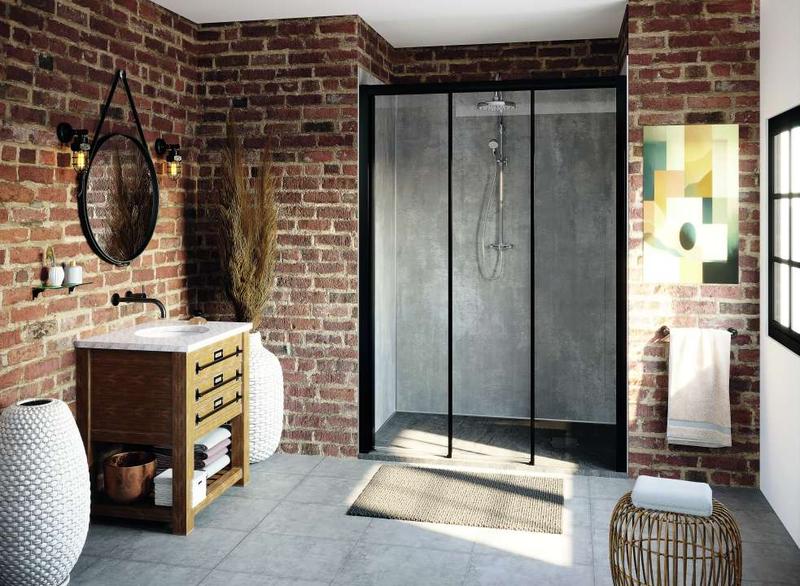 Porte coulissante 3 éléments CARIBA CID3R L80 2M noir verre clair traité anticalcaire