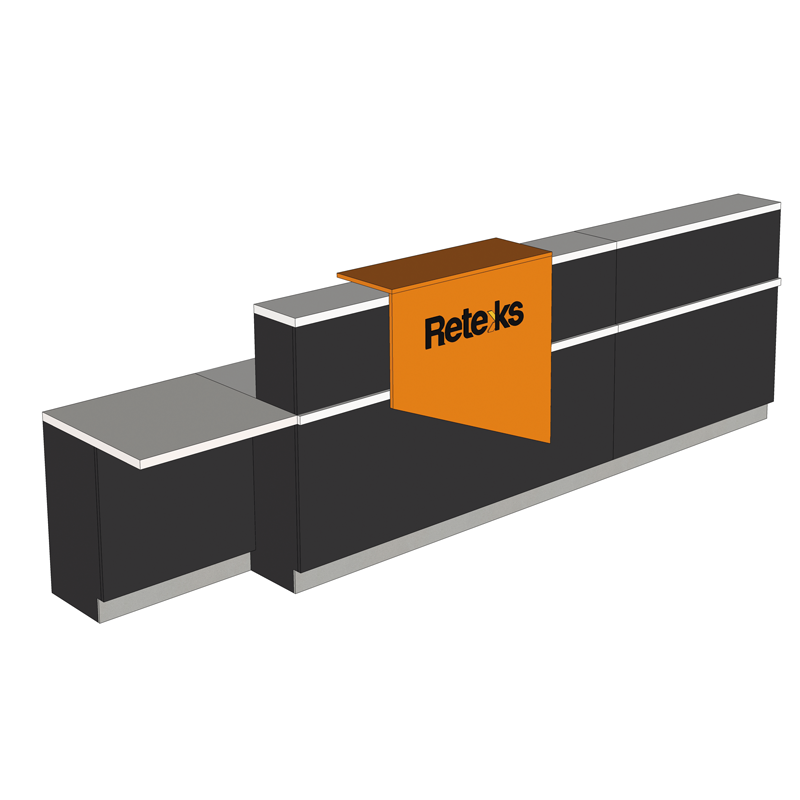 Comptoir d’accueil 3 blocs en bois mélaminé avec rangements doubles et espace de travail large