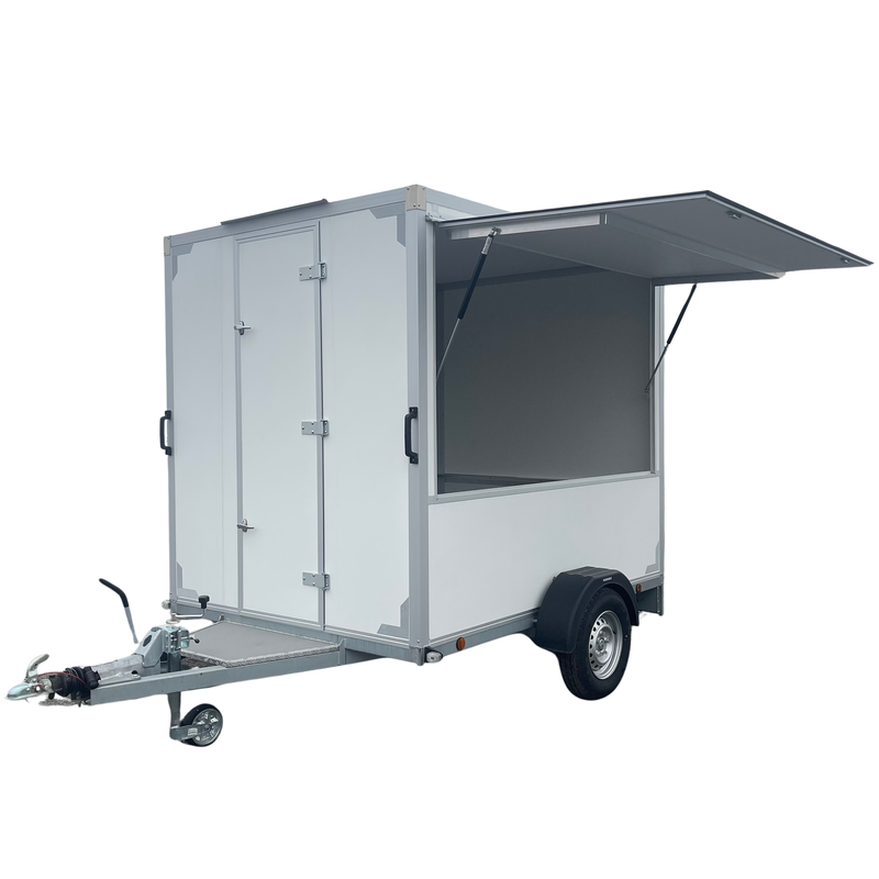 Remorque fourgon avec hayon neuve - simple essieu 750 à 1350 kg, châssis galvanisé, 2 portes battantes arrières