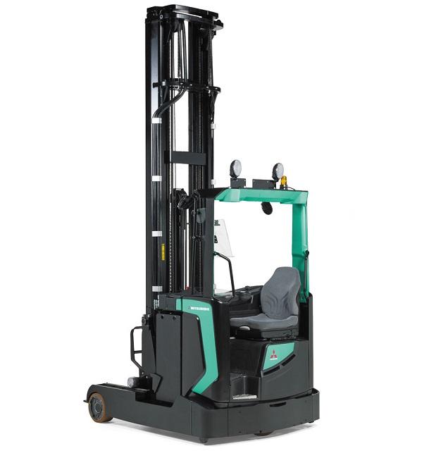 Chariot à mât rétractable Mitsubishi SENSIA RB12N3L 1200 kg - électrique, batterie lithium, pour allées étroites et haut gerbage