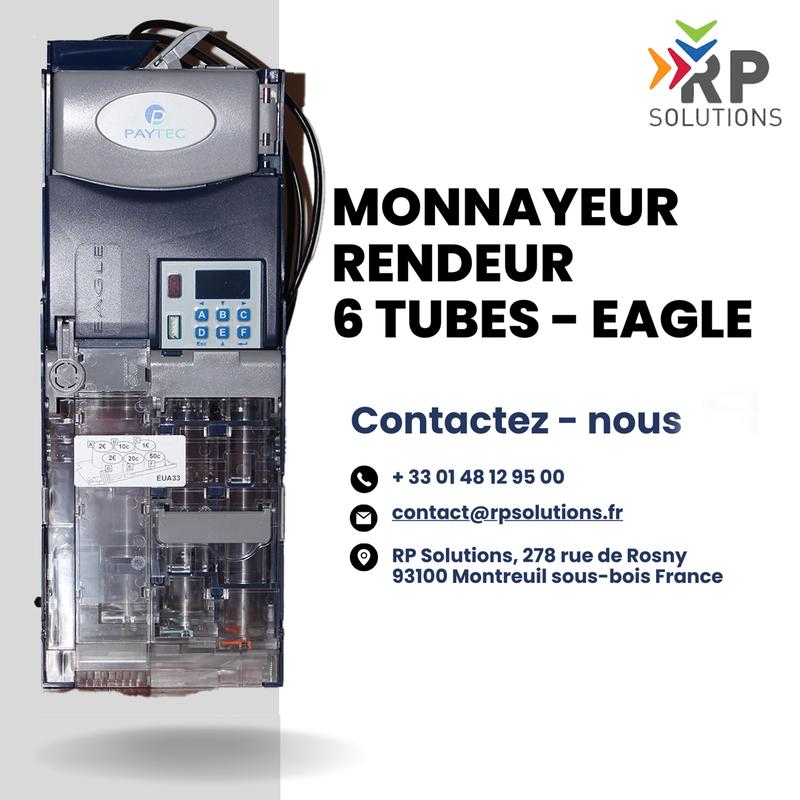 Monnayeur Rendeur 6 tubes EAGLE - Réf. 7FSIX601EU031 - Double protocole Exe/MDB - Pièces 0,05€ à 0,50€