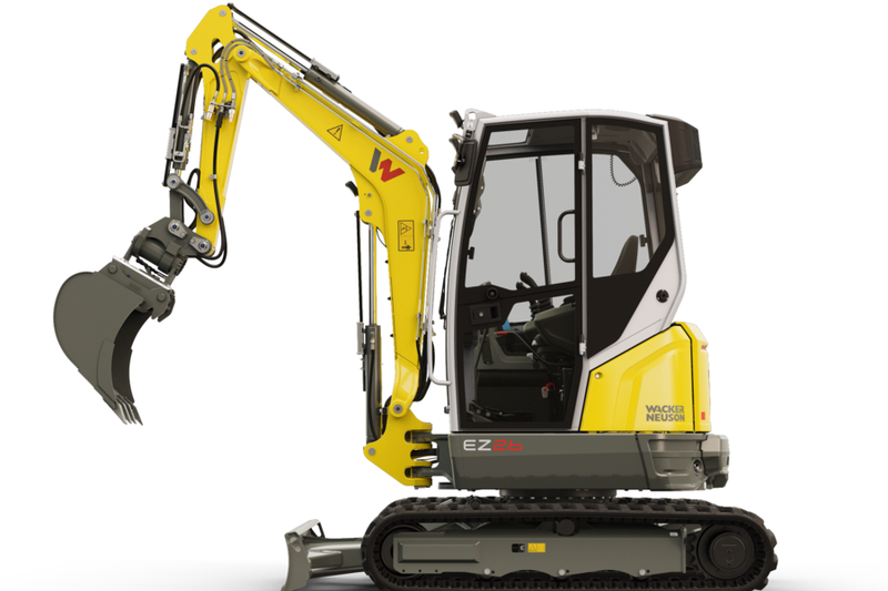 Mini-pelle sur chenilles Zero Tail Wacker Neuson EZ26 - poids de fonctionnement 2455-3358 kg, profondeur de creusement 2803 mm, puissance 14.6 kW