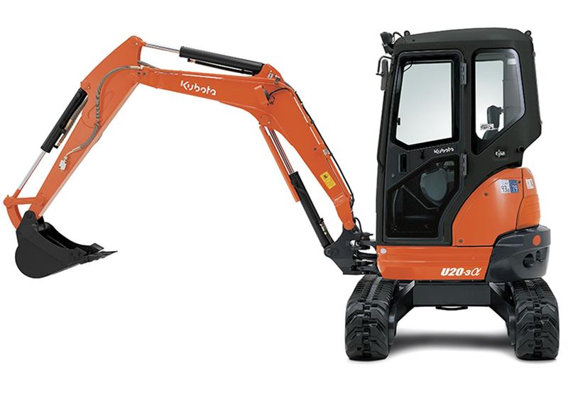 Mini-Pelle Kubota U20-3@ - 19 cv, rayon de rotation ultra-court, châssis fixe ou variable
