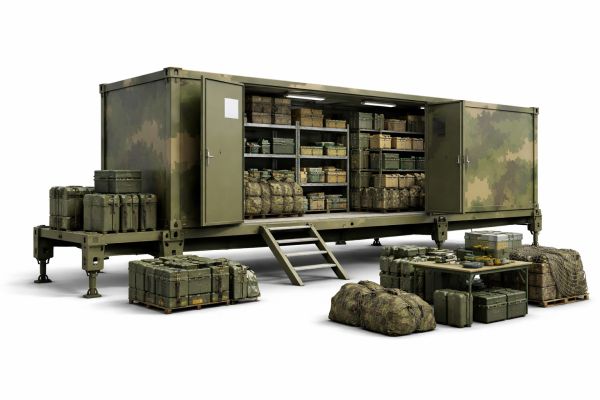 Conteneur militaire avec équipement organisé