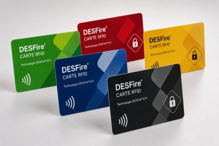 Cartes RFID DESFire colorées en vue rapprochée