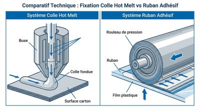 fixation par colle hot melt et par ruban adhésif