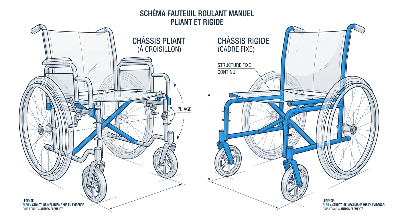 Schéma fauteuil roulant manuel pliant et rigide