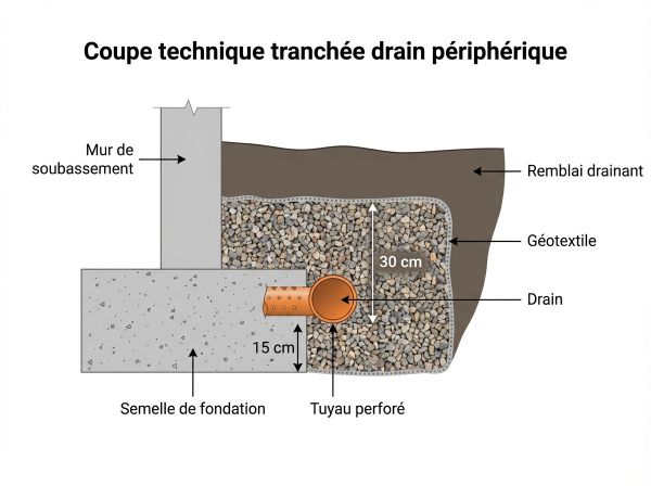 Coupe technique tranchée drain périphérique