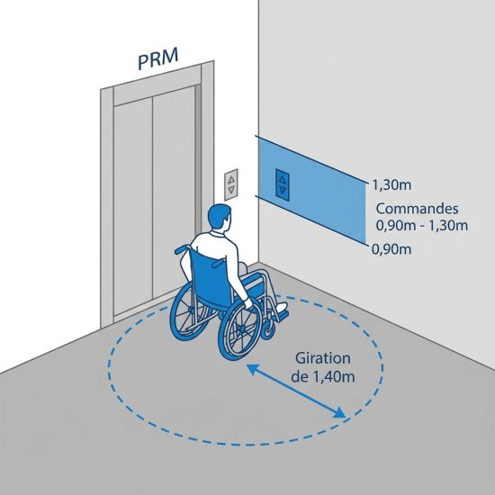 Giration de 1,40m devant un élévateur PMR