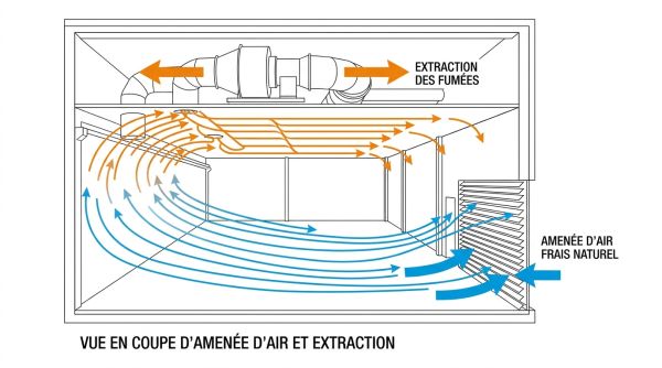 Vue en coupe d'amenée d'air et extraction