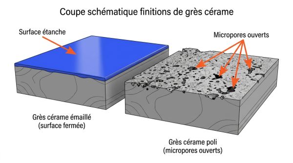 Coupe schématique finitions de grès cérame