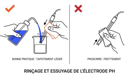 Rinçage et essuyage de l'électrode pH