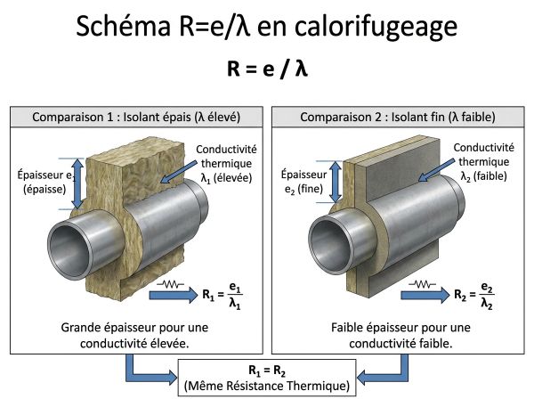 Schéma R=e/λ en calorifugeage