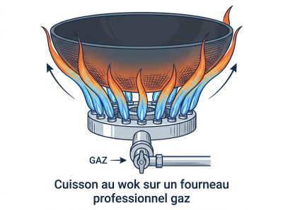 Cuisson au wok sur un fourneau professionnel gaz