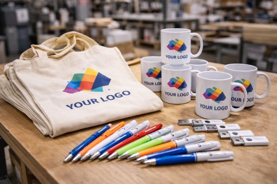 Produits promotionnels sur table en bois