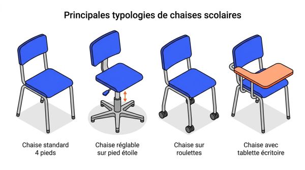 Types de chaises scolaires 4 pieds roulettes