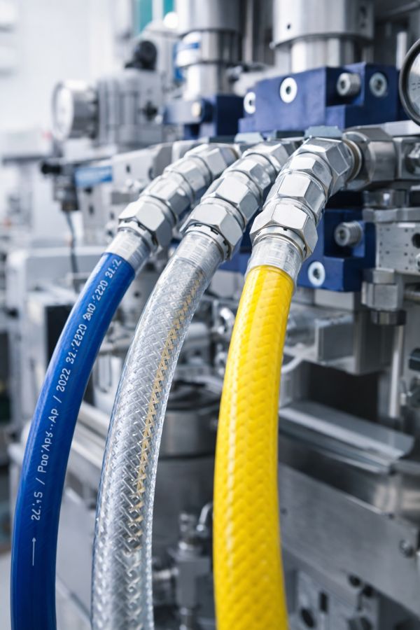 Hoses et raccords dans un atelier industriel